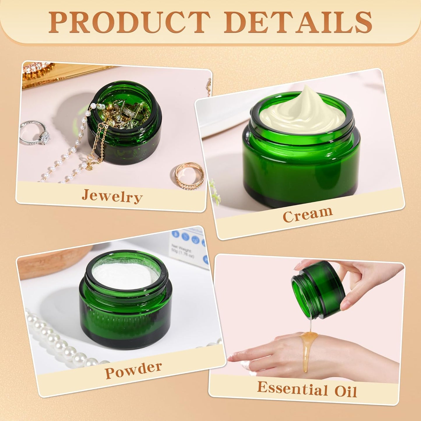 Glass Jars with Lids,Eco-Friendly Cosmetic Containers with Airtight Black Lids & Liners, Multi-Color Options for Cream, Lotion, Body Butter, DIY Skincare Travel Jars (Green, 1oz)