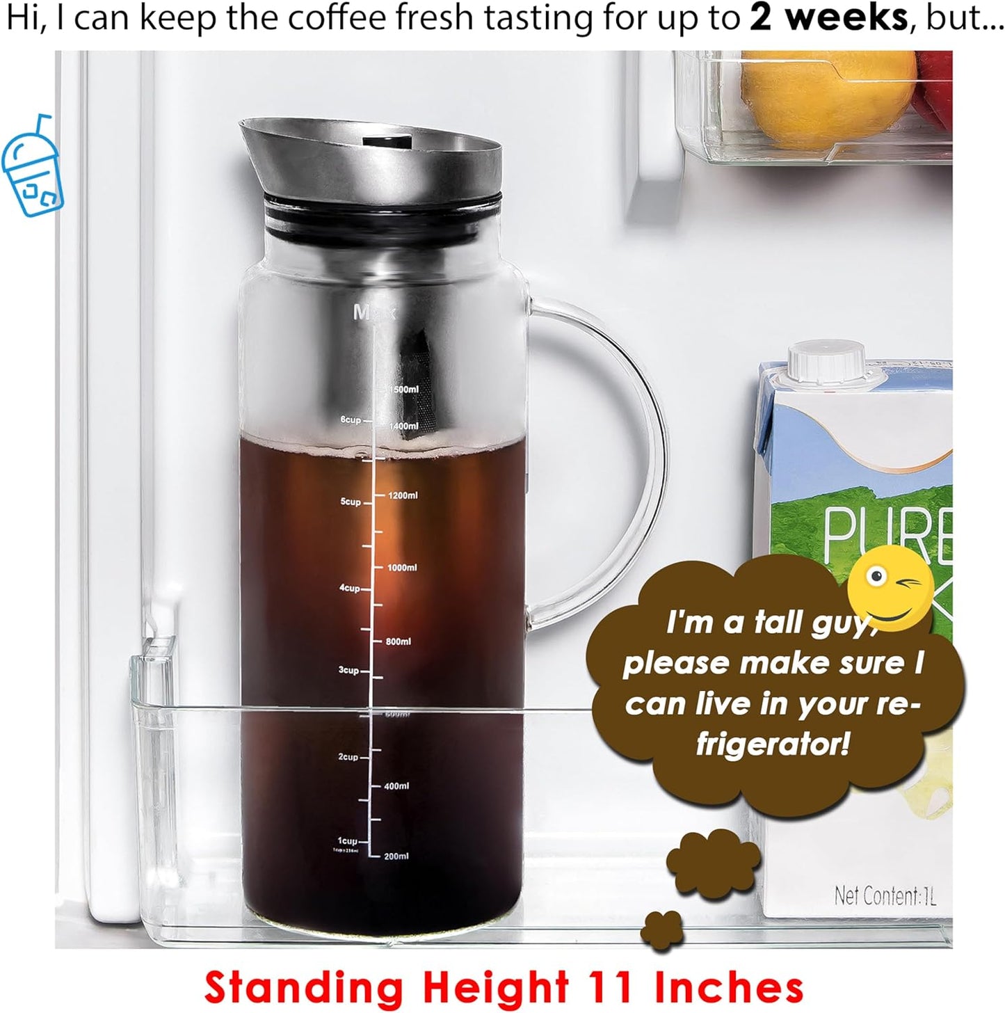 Aquach Cold Brew Coffee Iced Tea Maker & Fruit Pitcher - Large Capacity 51 Ounces - with Durable Glass Carafe/Fine Mesh Steel Infuser/Airtight Lid