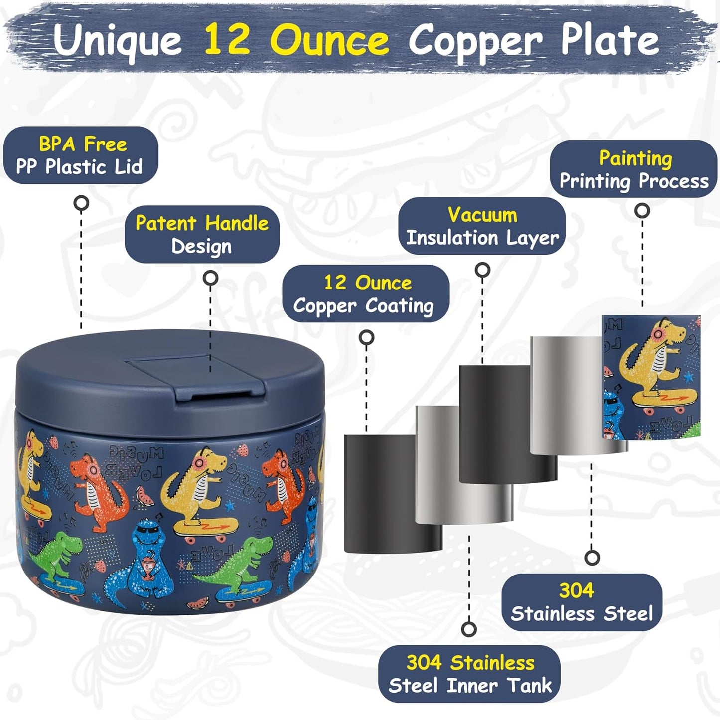 12oz Insulated Vacuum Food Jar with Buckle Lid Wide Mouth Soup Thermo for Hot Food Kids Leakproof Stainless Steel Lunch Container (Blue-Dinosaur)