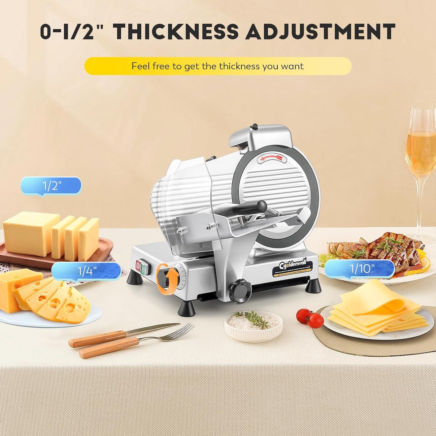 CGOLDENWALL Meat Slicer Machine with Teflon Non-stick Blade 240W Electric Meat Slicer for Frozen Meat/Deli Meat/Cheese/Food Slicer, Low Noises Commercial and Home Use