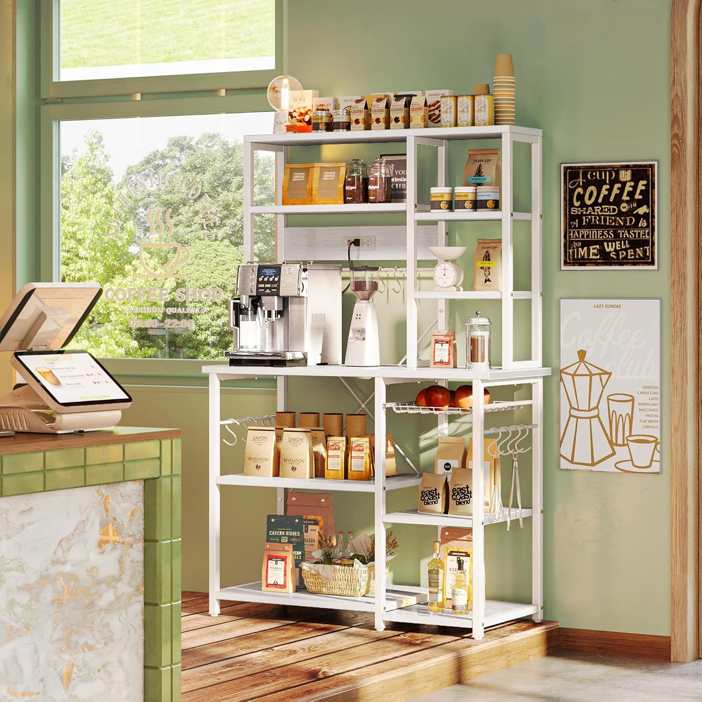 SUPERJARE Large Bakers Rack with Power Outlets, 6-Tier Microwave Stand, Coffee Bar with 12 S-Shaped Hooks, Kitchen Shelf with Wire Basket, 39.3 x 15.5 x 66.9 Inches, White