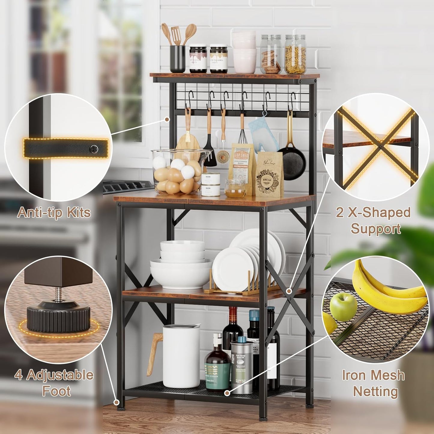 Furologee Kitchen Bakers Rack with Hutch, Coffee Bar Station 4 Tiers, Microwave Oven Stand with 6 S Hooks and Pegboard, Kitchen Microwave Rack for Spice Organizer Workstation, Rustic Brown