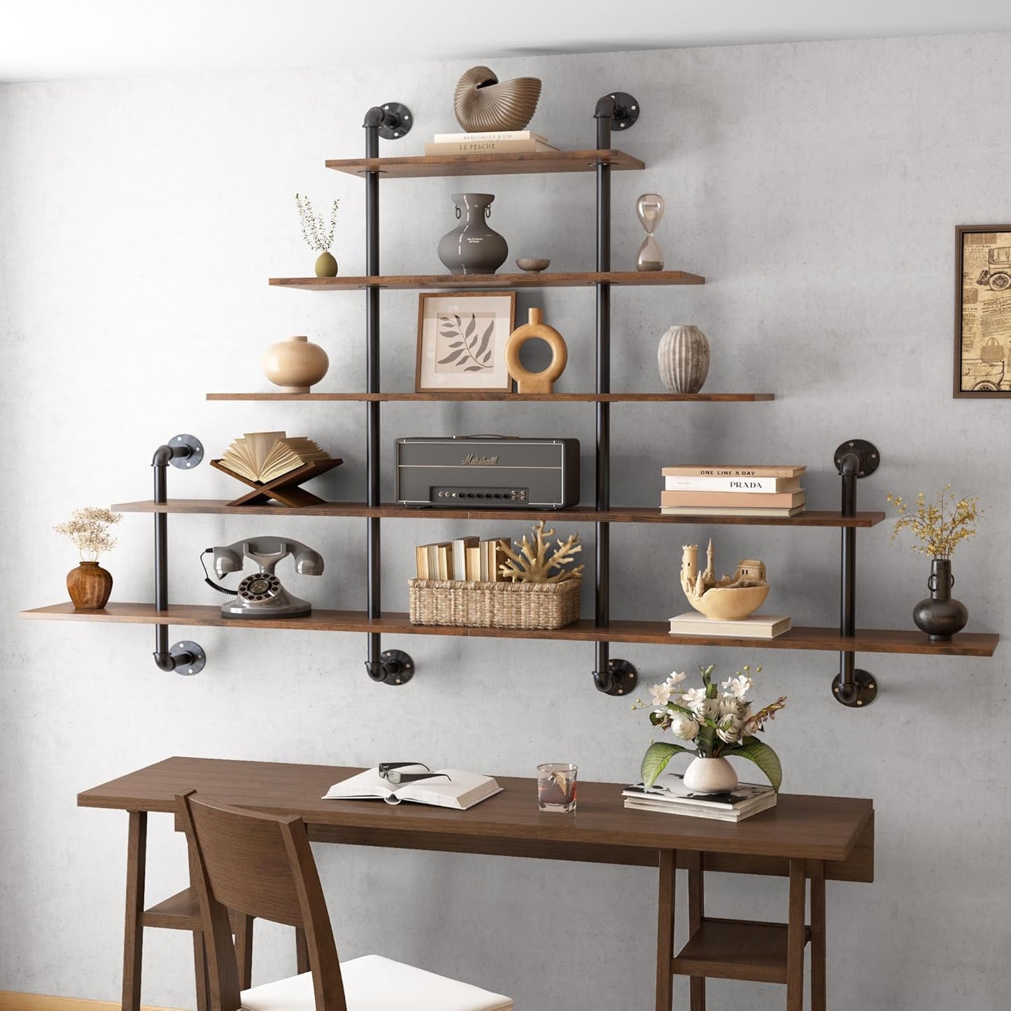 70" Industrial Pipe Shelving - 5 tier Rustic Solid Wood and Heavy Duty Metal Pipe Shelves for Wall,Kitchen Shelves Wall Mounted,Floating Bookshelf,Wall Shelves for Bathroom,Living Room,Coffee Bar