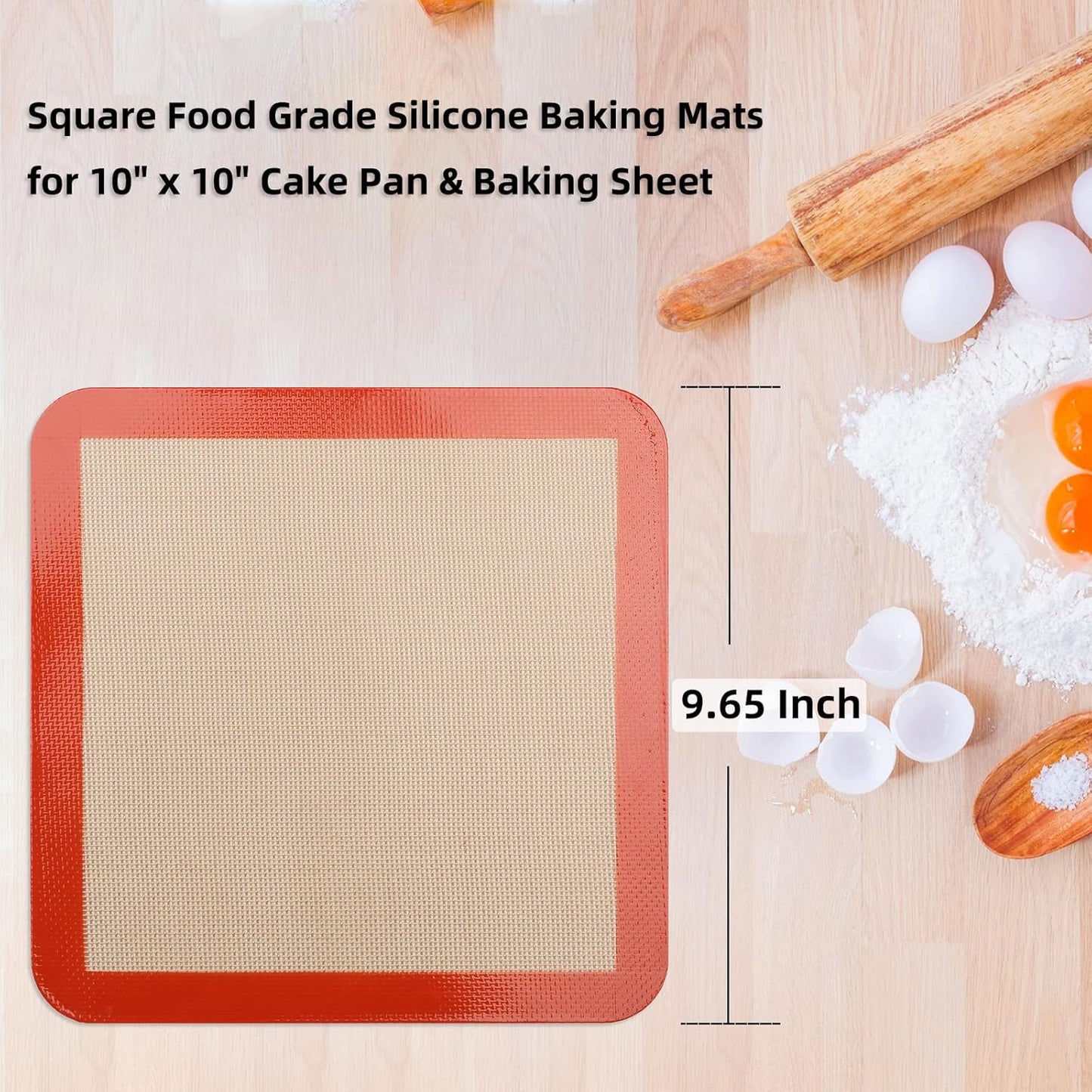 Square Silicone Baking Mats for 10 Inch Cake Pan, 9.65"Square Food Grade Silicone Mat for Baking Sheet for Cake/Pastry/Toast/Pie, Non-Stick Reusable Baking Mat for 10x10 Air Fryer/Cake Pan/Oven