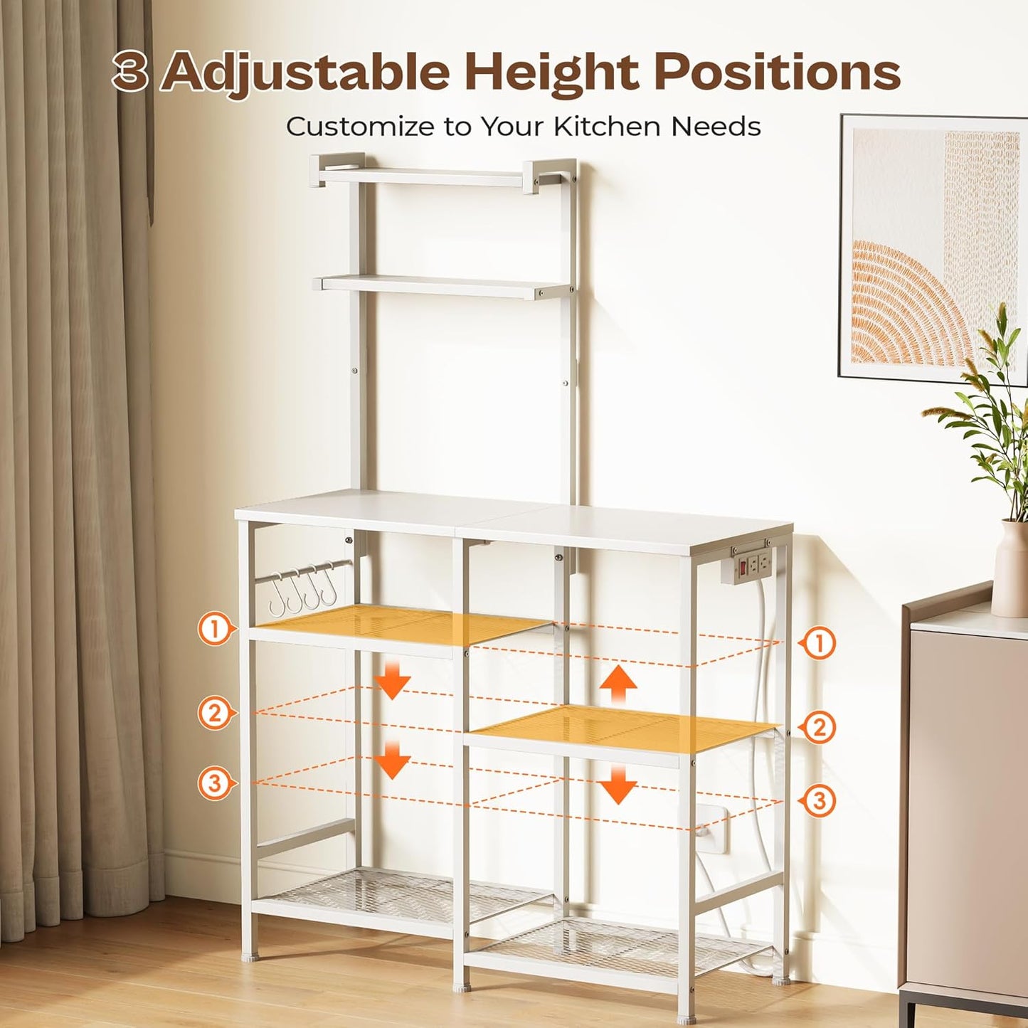 Huuger 31.5 Inch Bakers Rack with Power Outlets, Kitchen Microwave Stand with Storage, Coffee Bar with 4 Hooks, 3-Level Height Open Shelves, White