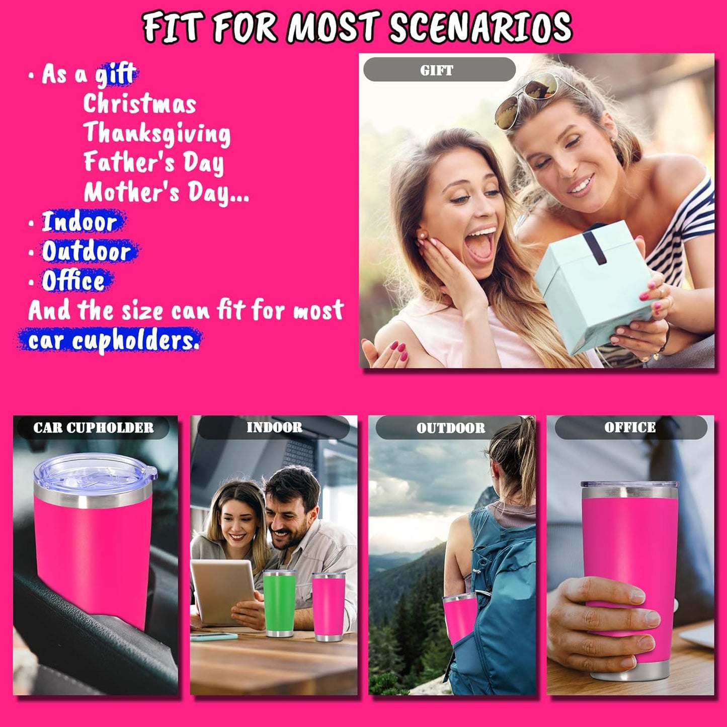 20 oz Tumbler with lid Double Wall Vacuum Insulated Tumblers Stainless Steel Coffee Mug Travel Coffee Tumbler Powder Coated Tumbler Cup Keep Hot&Cold - (Hot Pink 6 Pack)