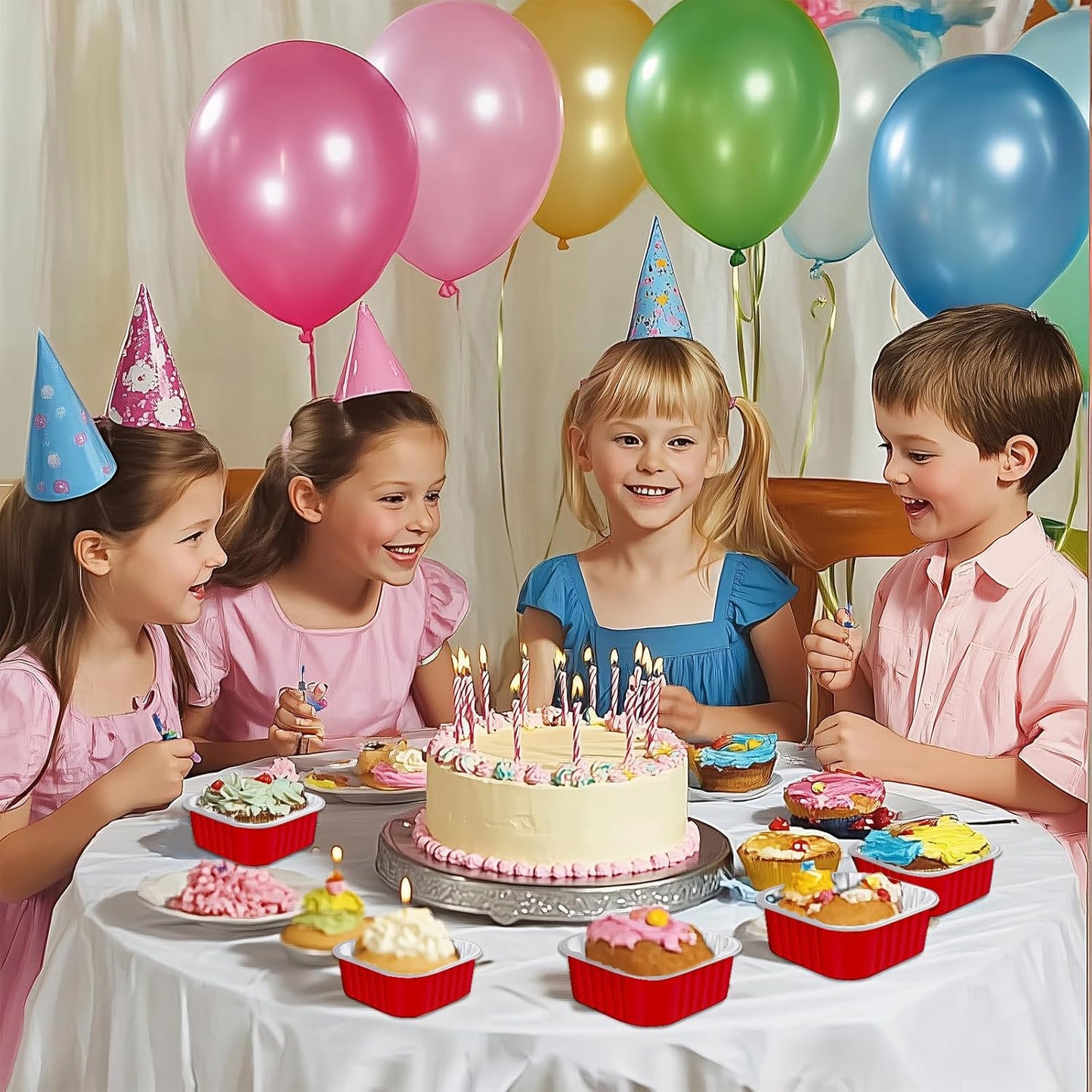 25 Pack Square Mini Cake Pans with Lids,Mini Loaf Pans with Lids,Aluminum Foil Baking Cups,Disposable Ramekins Cupcake Cups,Dessert Cups for Wedding Birthday Party Picnics,5oz (Red)