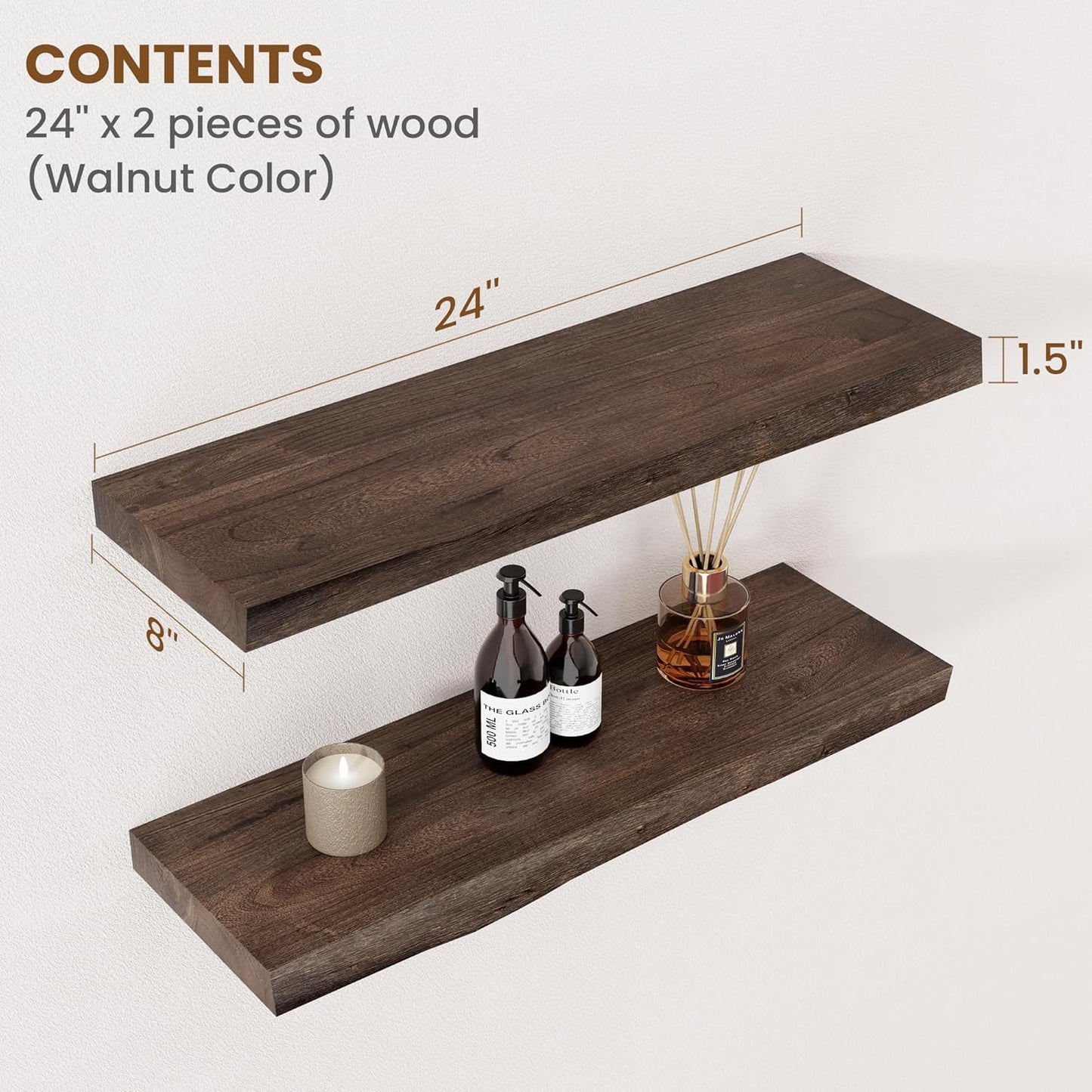 Floating Shelves for Wall Decor, Rustic Solid Elm Wood Live Edge Floating Shelves Wall Mounted, Wall Shelves with Invisible Bracket for Living Room Bathroom Bedroom Kitchen, 24 Inch Set of 2, Walnut