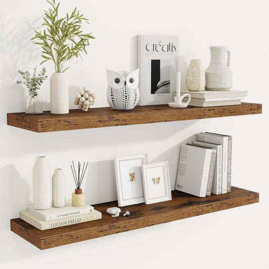 Fun Memories 40" Rustic Wood Floating Shelves with Invisible Brackets for Storage & Decor, Deep Wall Mounted Shelves for Bathroom, Kitchen, Living Room (Brown,Set of 2)