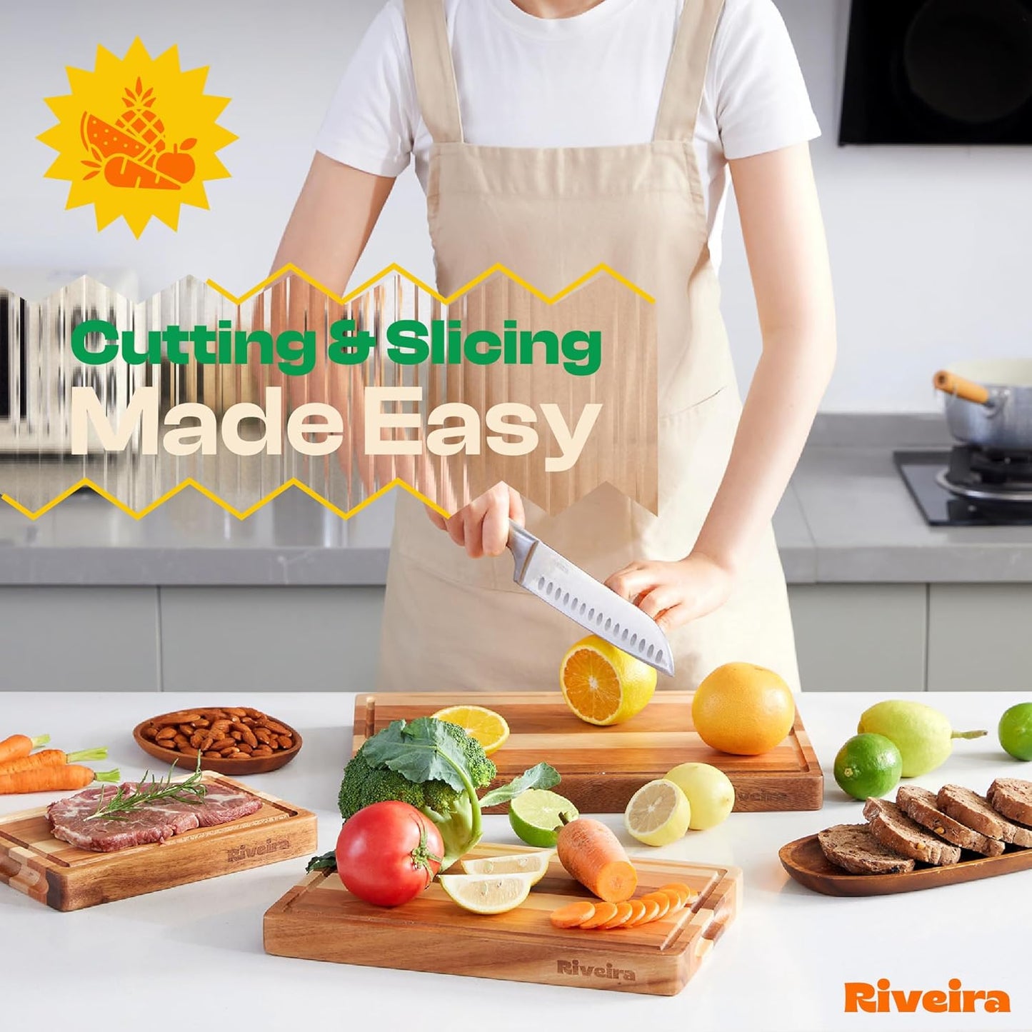 Riveira Walnut/Cherry/Maple Wood Cutting Board Set - Versatile And Durable: 3 Pcs Wooden Cutting Boards - Natural Wooden Cutting Boards For Kitchen Set - Complete Walnut/Cherry/Maple Cutting Board