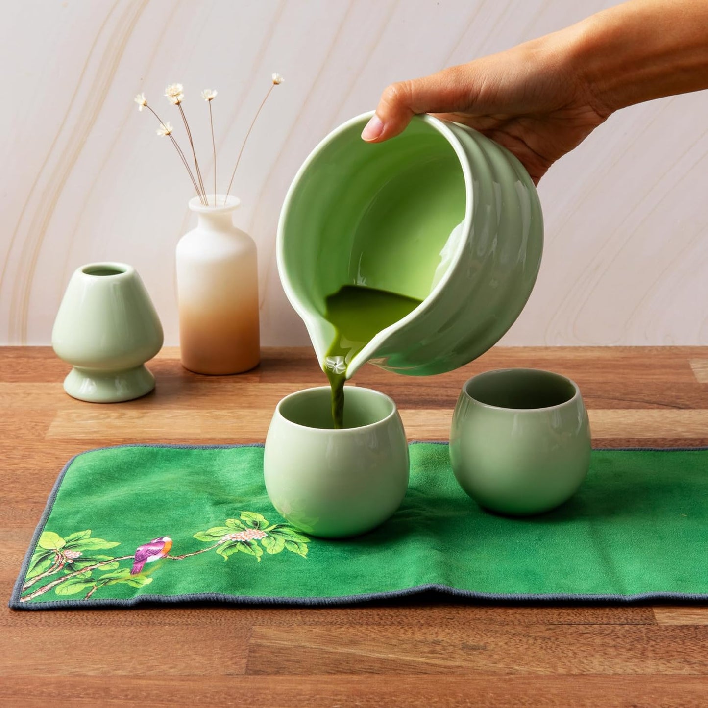 Marce Matcha Whisk Set- Matcha Set includes Matcha Whisk and Bowl (Bowl with Spout), Sifter, Holder and Scoop- The Perfect Bamboo Whisk for Matcha Tea (Green- 7PC)