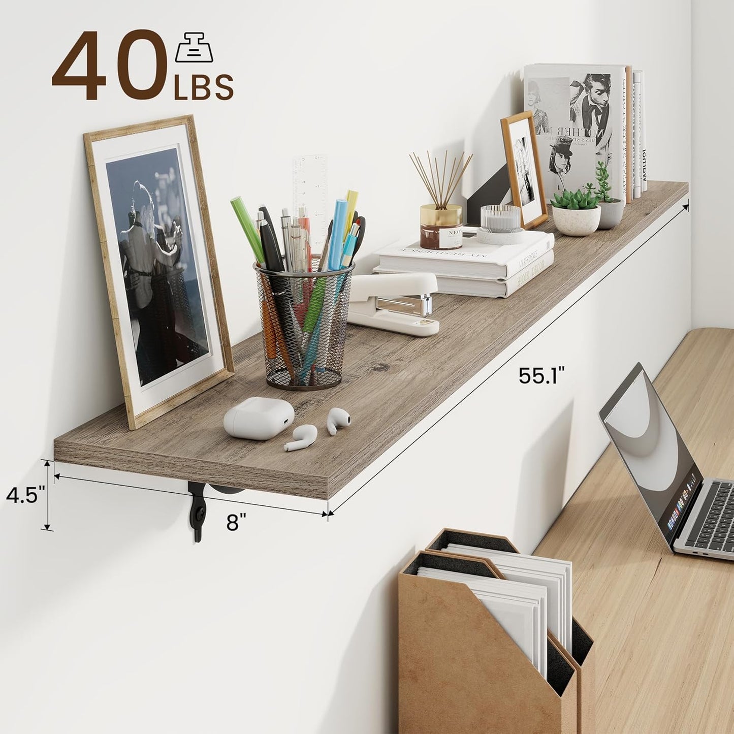 RICHFOCUS Floating Shelves for Wall Decor, 55.1W x 8D Shelves Set of 2, 8 Inch Deep Rustic Wood Shelves Wall Mounted with Brackets, Long Floating Shelves for Living Room Bedroom Kitchen, Grey