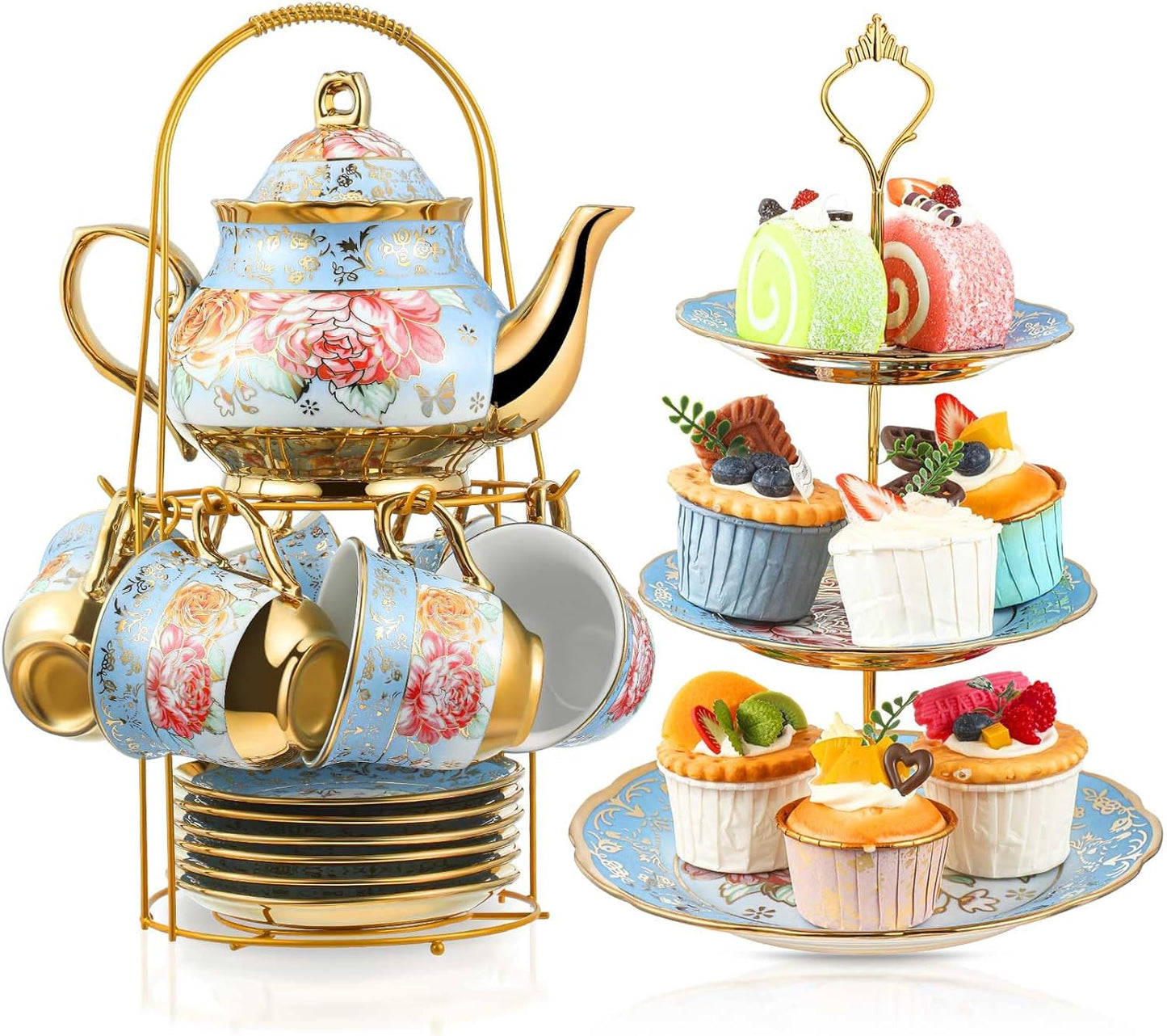 Maxcheck 21 Pcs Tea Party Set for Adults European Floral Tea Set with Metal Holder and 3 Tier Ceramic Cake Stand Porcelain Flower Cup Teapot for Dessert Cupcake(Advanced Style)