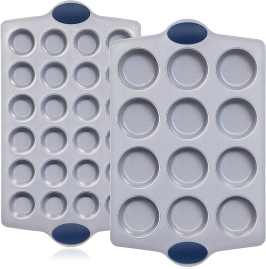 BRONYPRO Ceramic Muffin Pan, 12-Cup and 24-Cup Nonstick Aluminized Steel Mini Cupcake Pans, Healthy Non-Toxic Ceramic Coating Muffin Tin, 2 Pack Cup Cake Pans for Baking Blue