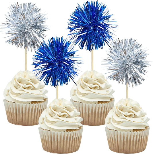 Gyufise 30Pcs Foil Firework Cupcake Toppers Sparkle Tinsel Cake Toppers Tinsel Drink Cake Decoration Cocktail Picks for Birthday Wedding Graduation Party Supplies Silver Dark Blue
