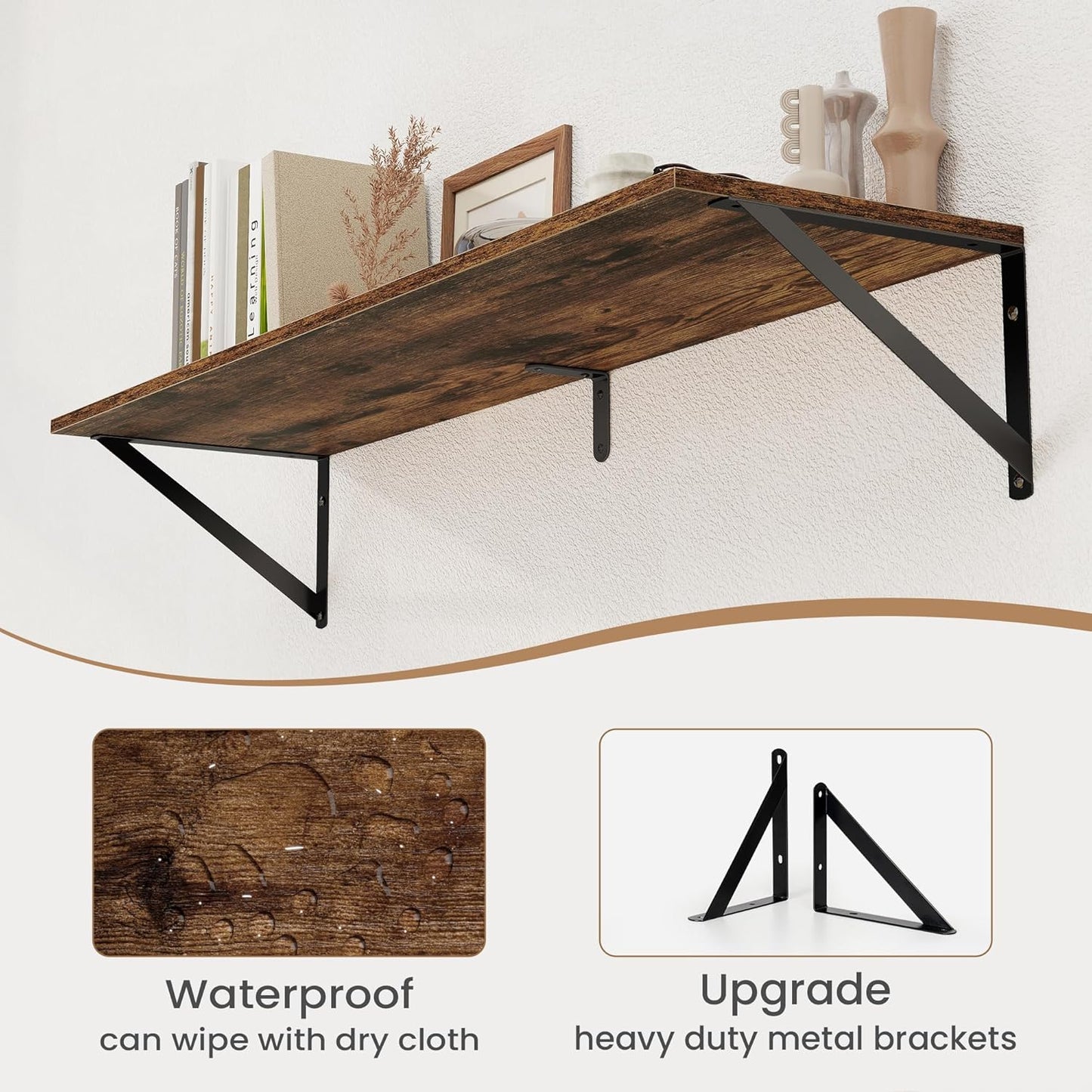 Heimlove Deep Floating Shelves for Wall, 36W x 8D Wood Wall Shelves Set of 2, Wide Floating Bookshelf for Living Room, Kitchen, Office, Bedroom and Decor Storage, with Metal Bracket - Rustic Brown