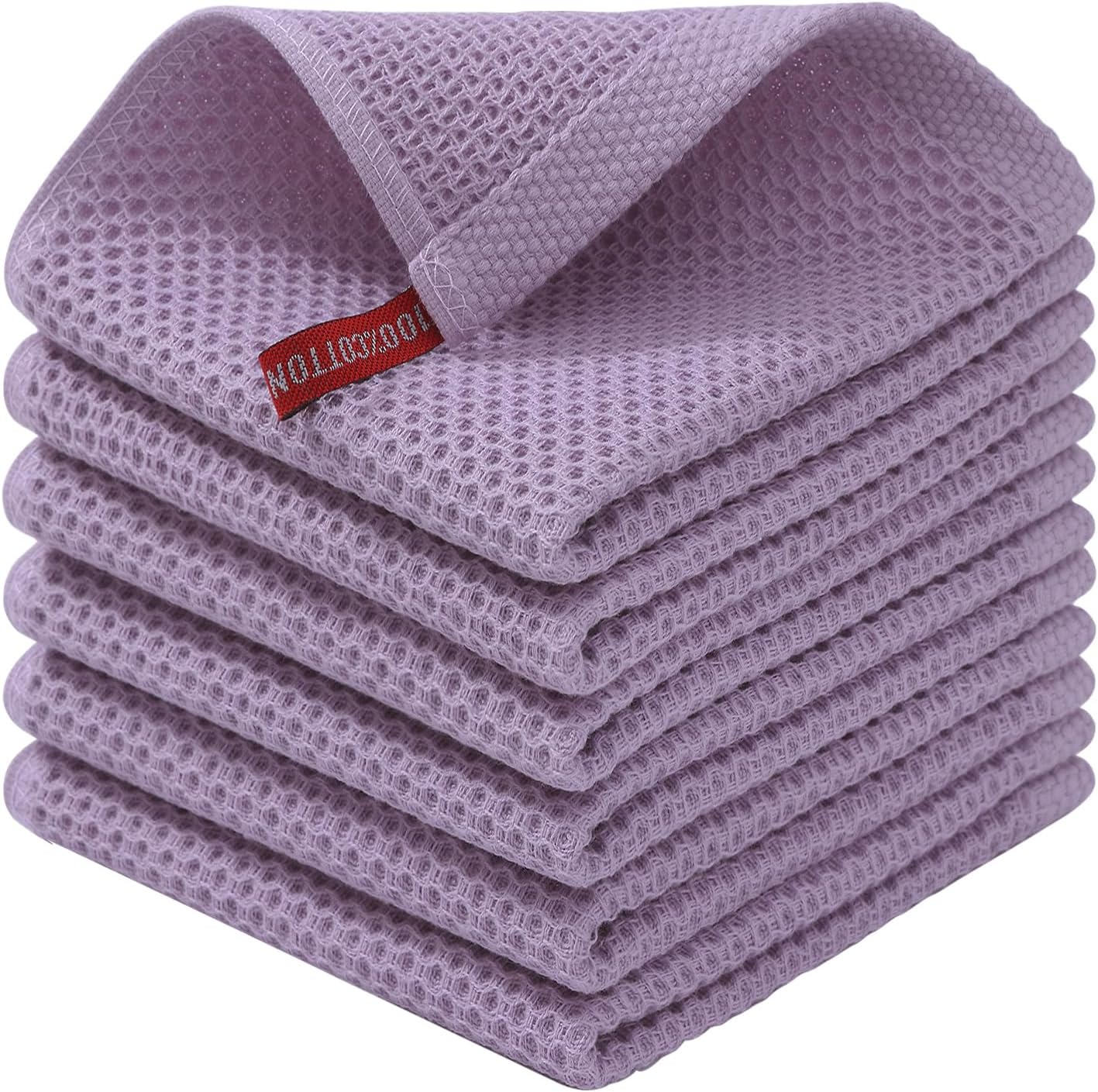 Kitinjoy 100% Cotton Kitchen Dish Cloths, 6 Pack Waffle Weave Ultra Soft Absorbent Dish Towels for Drying Dishes Quick Drying Kitchen Towels Dish Rags, 12 X 12 Inches, Lavender