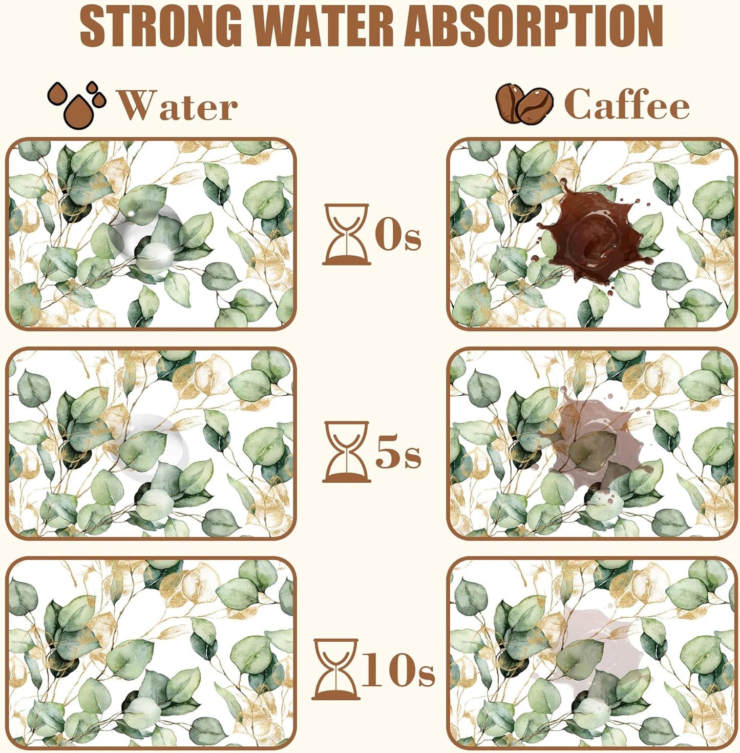 Gold and Green Eucalyptus Leaf Dish Drying Mat for Kitchen Counter Coffee Bar Mat Hide Stain Absorbent Rubber Backed Coffee Mat Coffee Maker Espresso Machine Coffee Bar Accessories 11.8 x 19.7 Inch