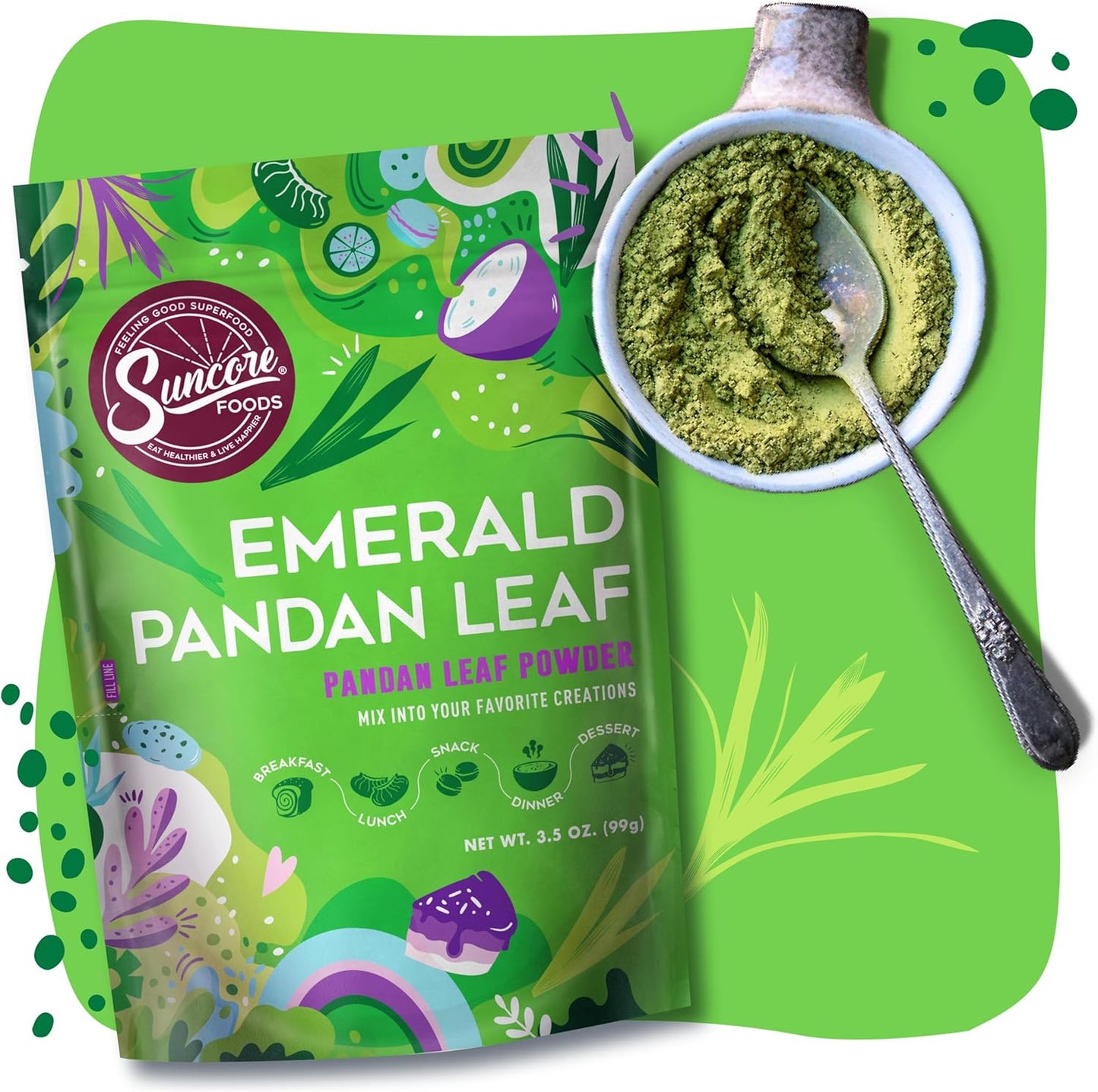 Suncore Foods Emerald Pandan Leaf Powder, Green Food Coloring Powder, Gluten-Free, Non-GMO, 3.5oz (1 Pack)