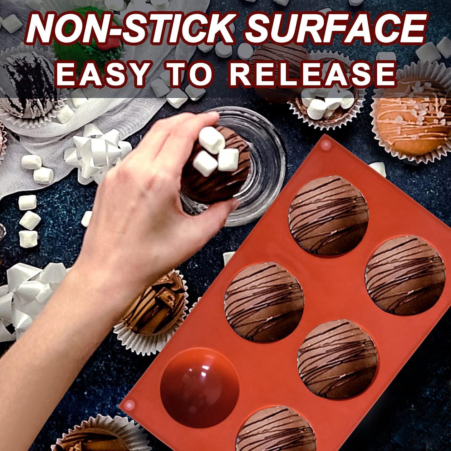 2 Pack Large 6-Cavity Semi Sphere Silicone Molds, Non-Stick Baking Mold for Making Standard Size Hot Chocolate Bomb, Cake, Jelly, Dome Mousse