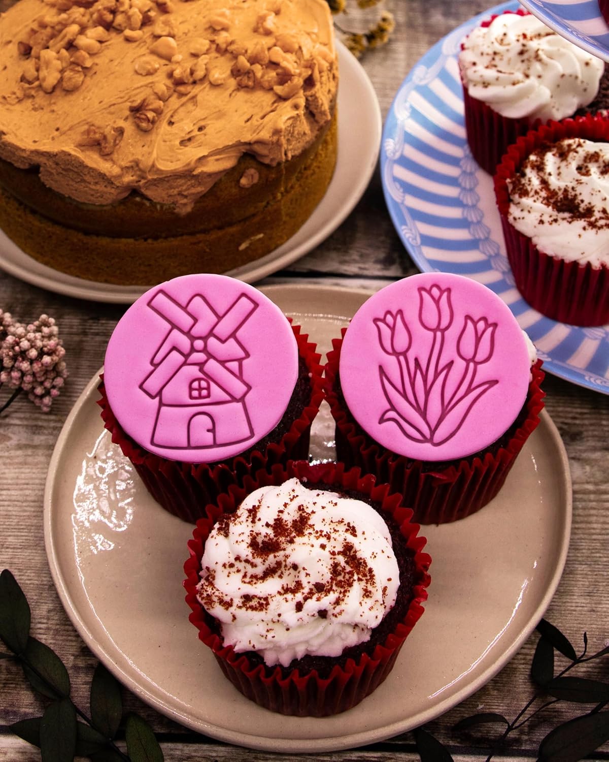 BAKERLOGY Spring Whispers - Mini 2" Cookie Cutter & Stamp Set - Tulip Garden & Windmill Design for Easter & Spring Cookies, Cupcakes & Fondant Decorations