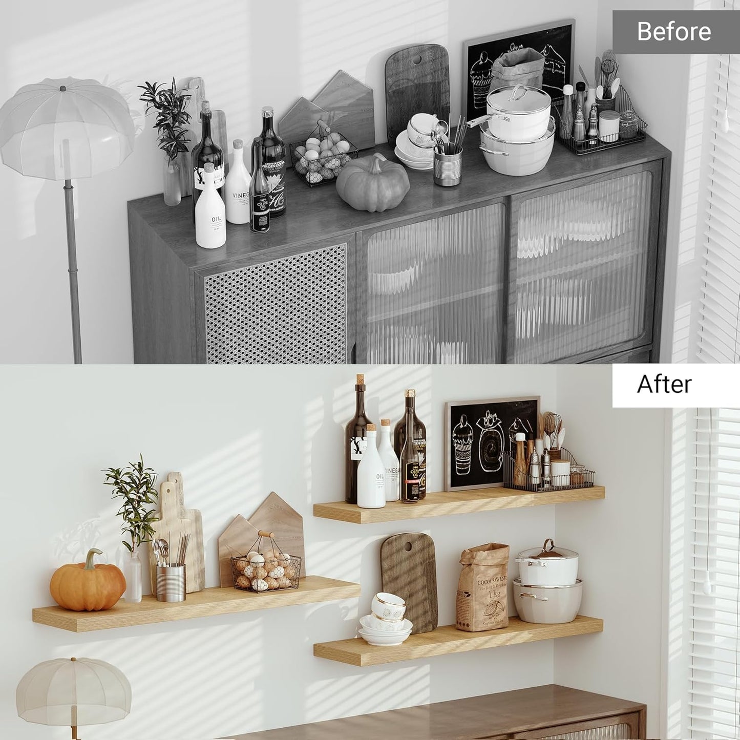 Vivelove Single Floating Shelves Oak 48 Inches, 48 x 10 inch Deep x 1.8 in Thick, Long Wall Shelves Heavy Duty 80 lbs for Bedroom, Living Room, Kitchen, Office, Modern Shelf Book Home Decor