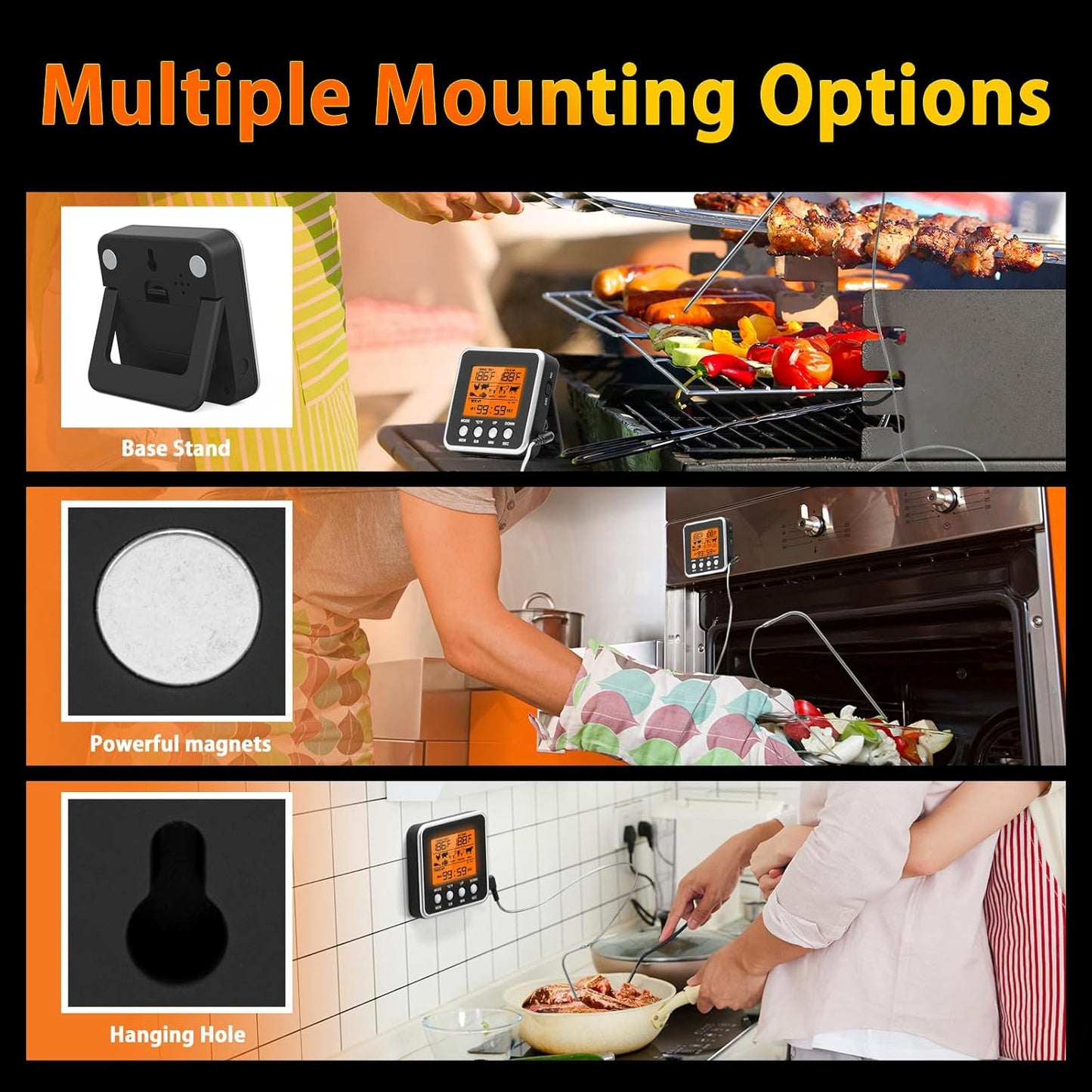 Digital Meat Thermometer for Oven, Food Thermometer with Large LCD, Backlight, Kitchen Timer, Temperature/Time Alarm for Smoker, BBQ, Barbecue, Cookware