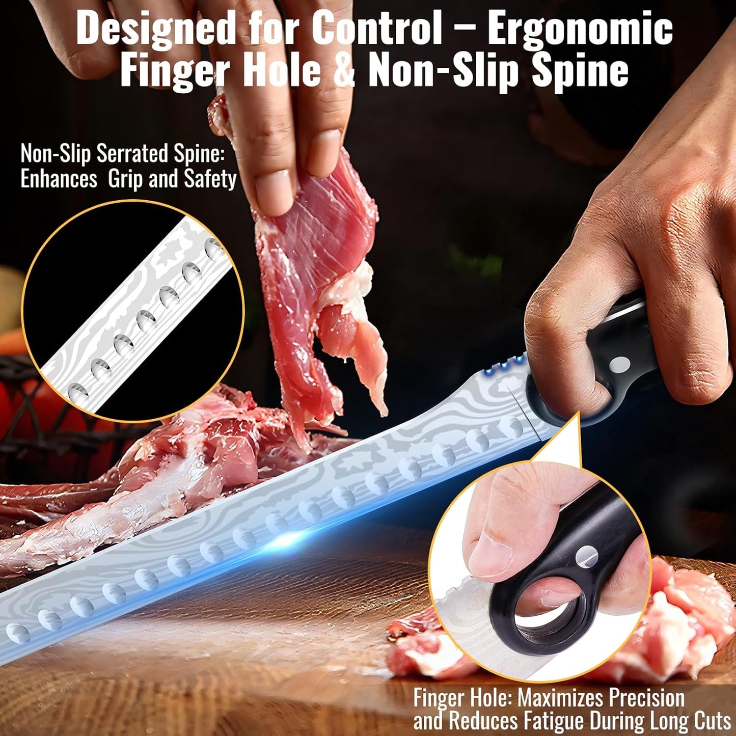 12-Inch Slicing Carving Knife with Unique Grip Ring & Non-slip Serrated Spine | Ultra-Sharp High-Carbon Stainless Steel Blade & Damascus Pattern for Brisket Meat Cutting | Pakka Wood Handle