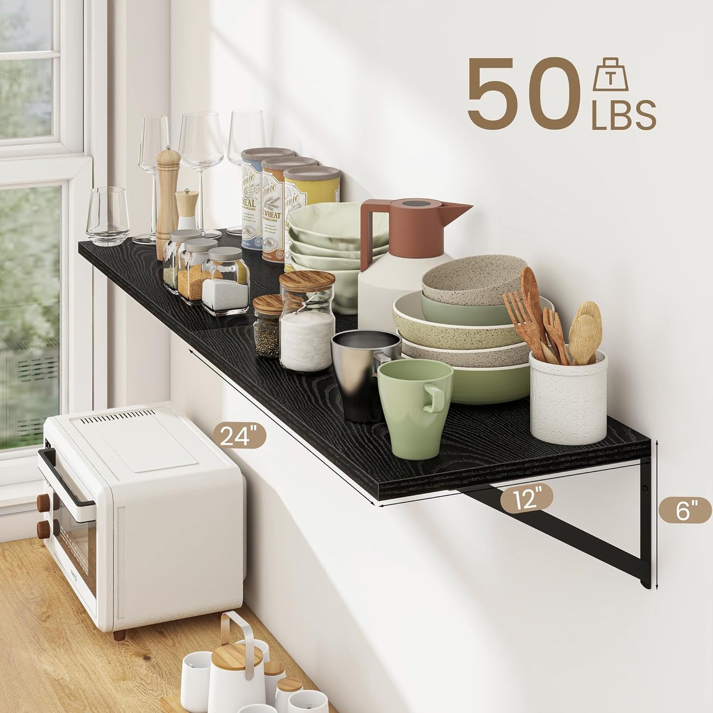 Dreamland Deep Floating Wall Shelves, Black Shelf, Large Floating Shelf 12 * 24 inchSet of 2 Bathroom Wall Shelves Bookshelf for Living Room Bedroom Home Office