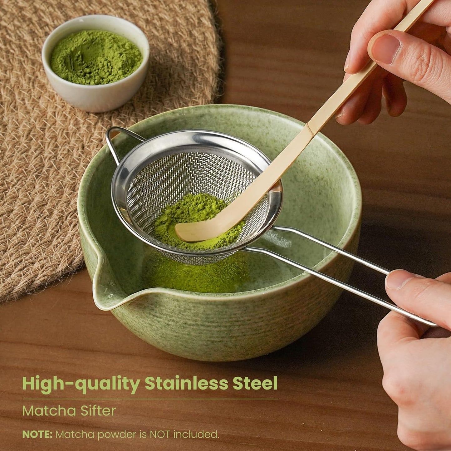 Matcha Whisk Set, Handcrafted Bamboo Chasen & Ceramic Bowl Matcha Kit, Complete 5 Pcs Matcha Set Whisk and Bowl W/Stainless Steel Sifter, Bamboo Scoop & Holder for Matcha Tea Ceremony (Mottled Green)