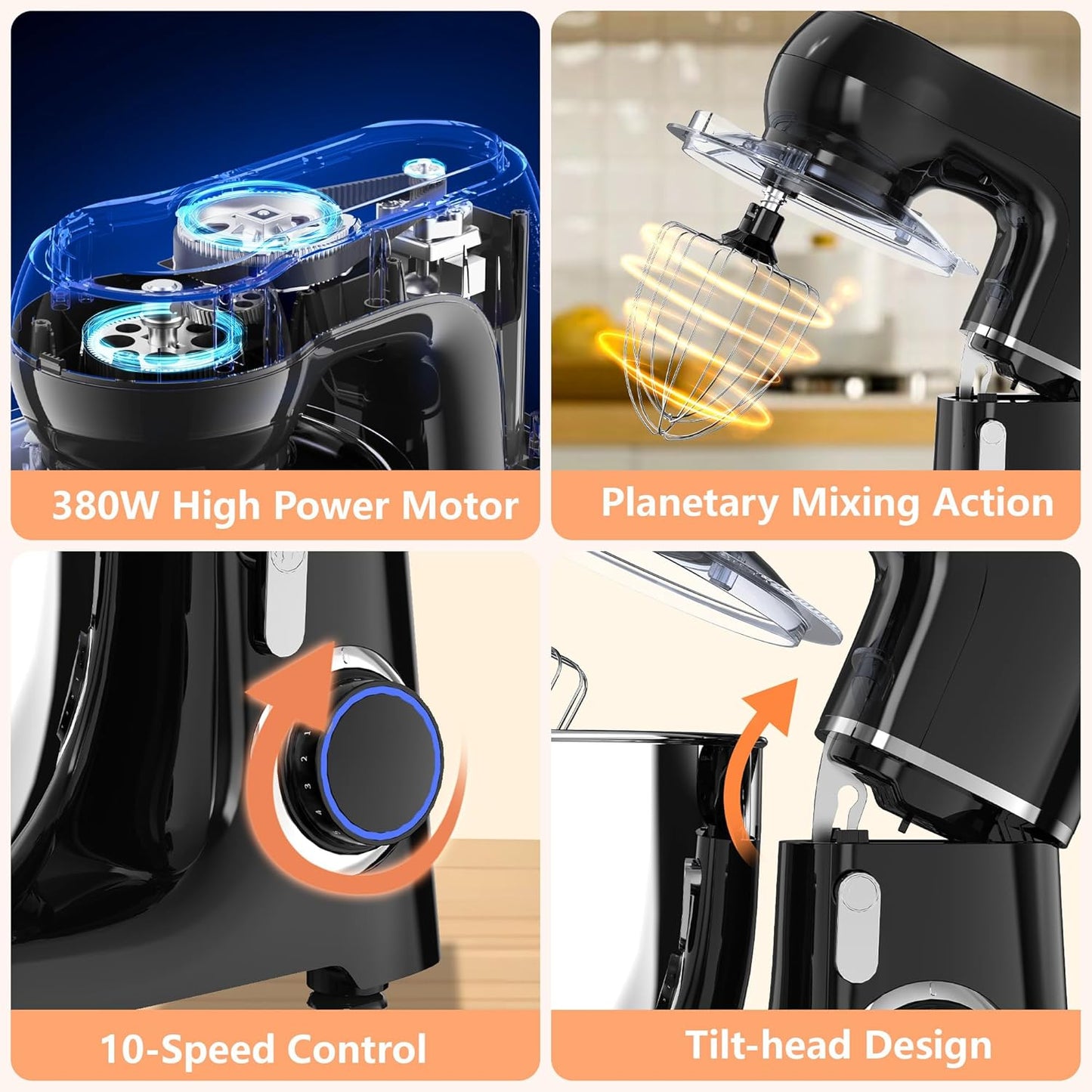 Stand Mixer, 6.5QT 660W 10-Speed Tilt-Head Electric Kitchen Stand Mixer, Food Mixer with Dishwasher-Safe Dough Hook, Egg Whisk, Flat Beater for Baking, Cake and Most Home Cooks (Black)
