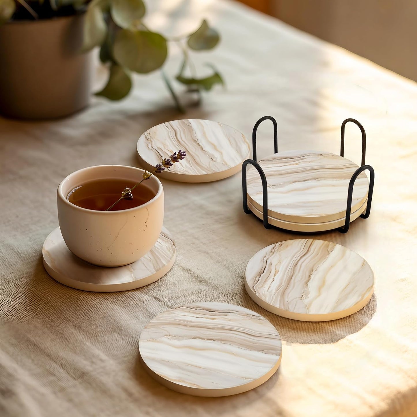 VEYRO Coasters Set of 6 for Drinks – Absorbent Ceramic Stone Drink Coasters with Cork Backing for Coffee Table & Desk, Modern Marble Look Cup Coaster Set, Housewarming Gift for New Home