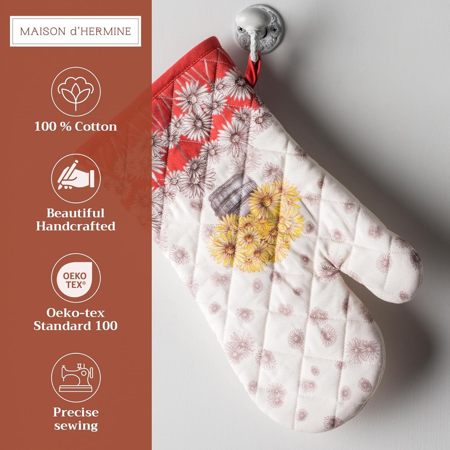 Maison d' Hermine Oven Gloves 100% Cotton Oven Mitt 7" x 13" with Loop Heat Resistant, BBQ, Cooking Gloves, Baking, Grilling, Kitchen, Handling Hot Pans (Pack of 1, Bagatelle)