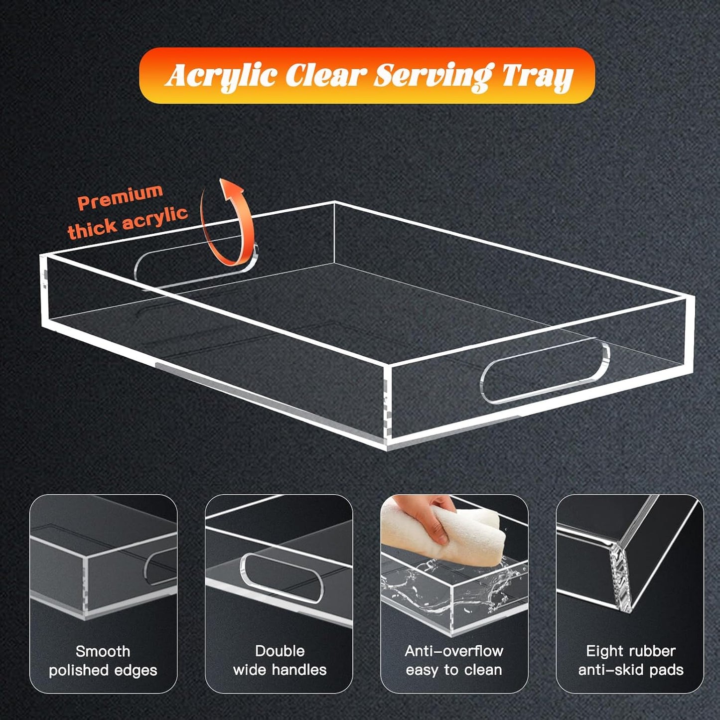 Acrylic Organizers Tray - 11.2"x7.9" with Handle for Ottoman, Coffee Table, Kitchen, Bathroom & Living Room