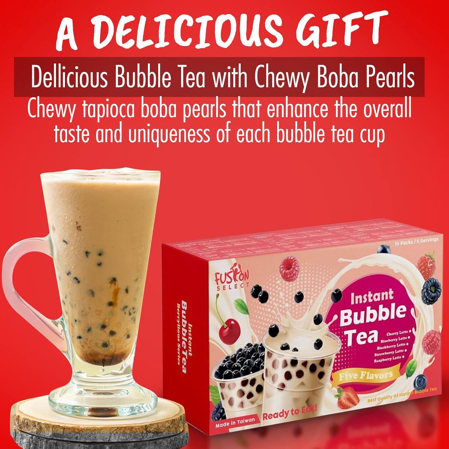 Fusion Select 5 Packs Bubble Tea Kit Extra Rich Blueberry, Raspberry Strawberry Blackberry Cherry Boba Tea Kit Drinks, Boba Tapioca Pearl, Straws, Various Tea Set Flavors