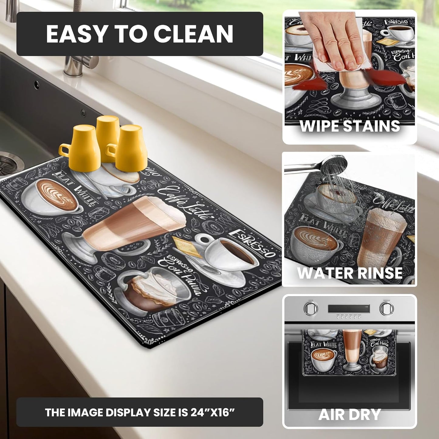 Dish Drying Mat Super Absorbent – 24" x 16" Coffee Mat for Countertops – Non-Slip Drying Mat for Kitchen Counter – Easy to Clean Water Absorbent Mat – Large Mat (Costa Rica Coffee)