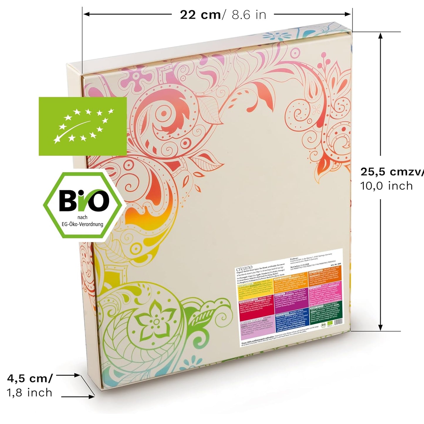 Creano Organic Fruit Tea Herbal Tea Gift Set – 45 Organic Tea Bags in 9 Dreamy Varieties – 90 g