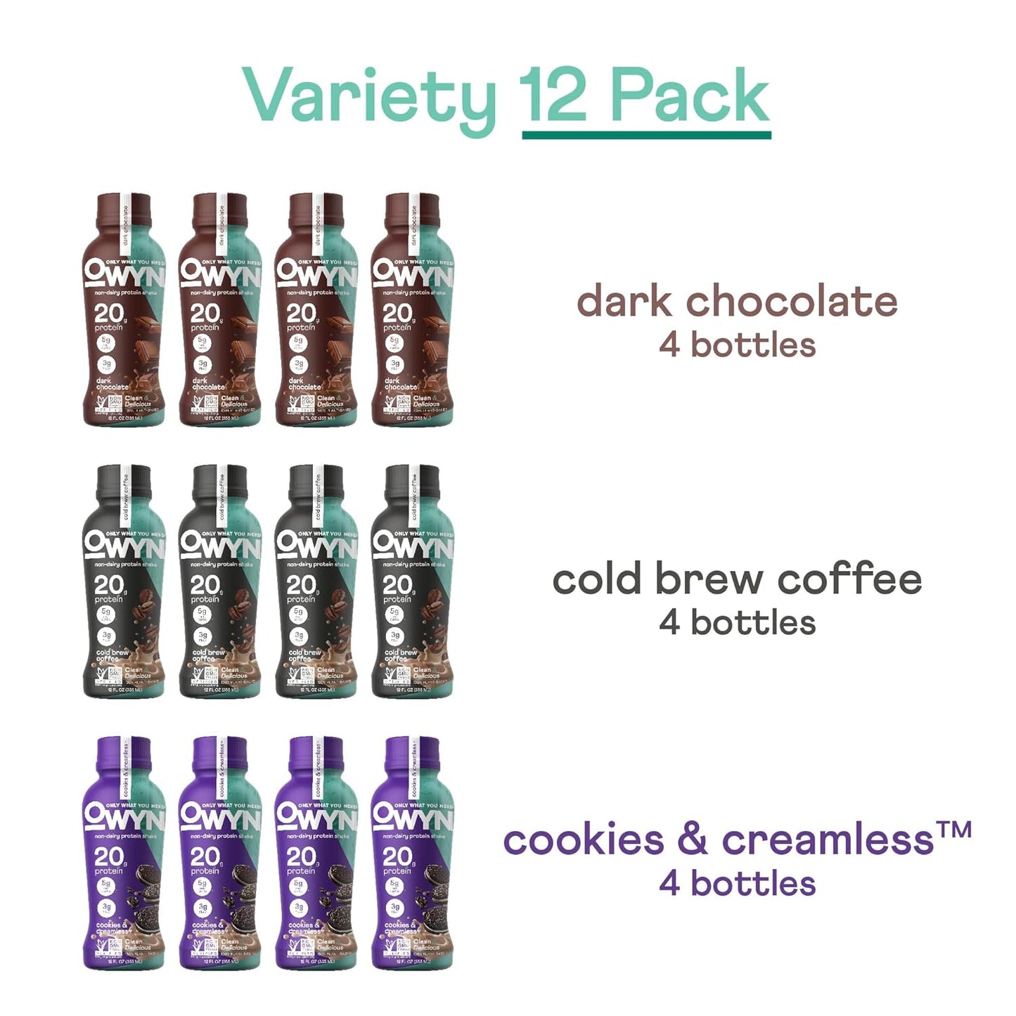 OWYN Only What You Need Plant Based Protein Shake, 20g Vegan Protein from Organic Pumpkin Seed, Flax, Pea Blend, Prebiotic Supplement, Superfood Greens, Gluten & Soy-Free (Variety Pack, 12 Pack)