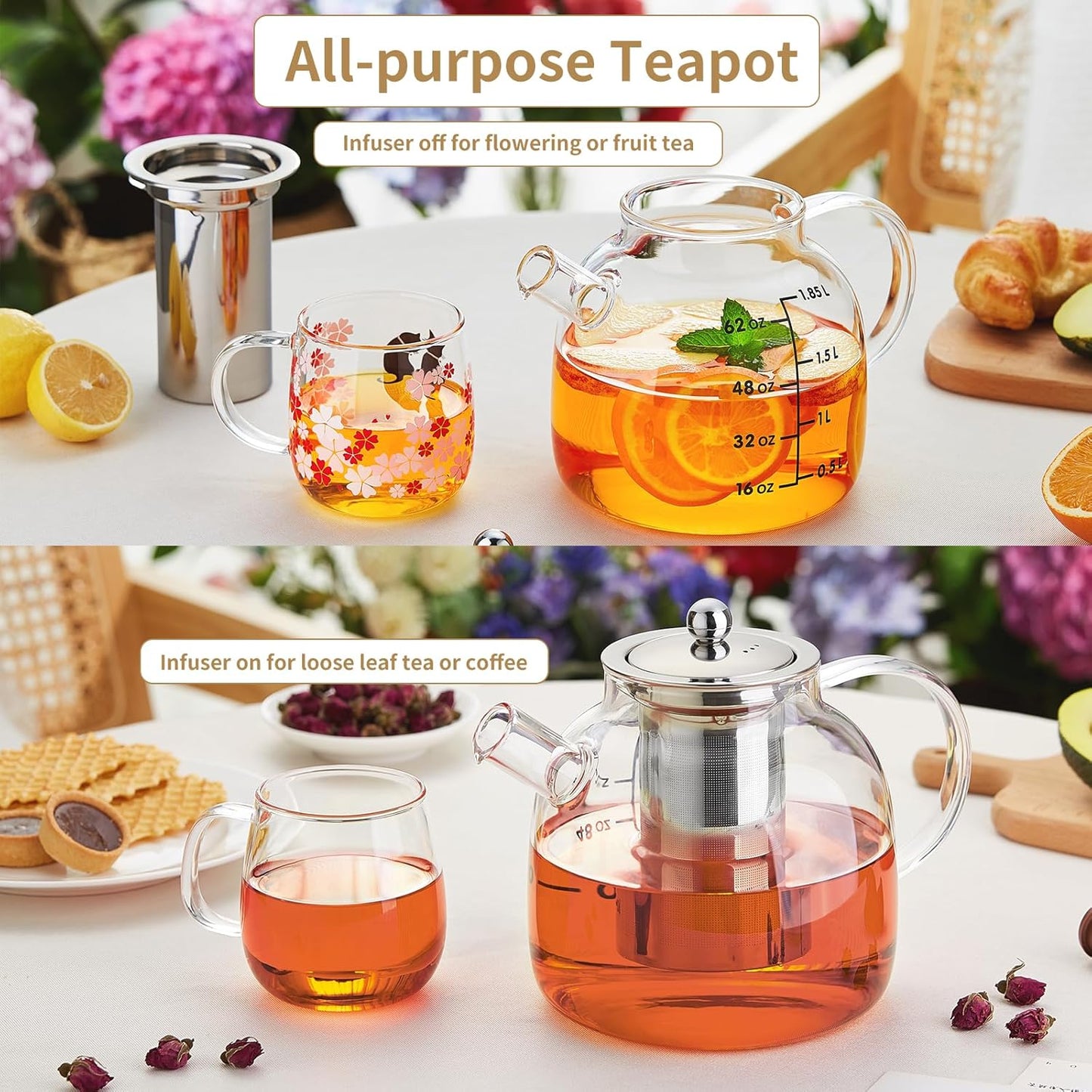 68OZ Glass Teapot Tea Pot With Infuser, Glass Kettle For Stove Top, Tea Glass Pot, 2000ML Glass Tea Cup With Infuser And Lid For Loose Leaf Tea Steeper, Dishwasher Safe