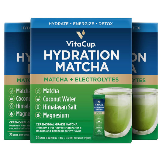 VitaCup Hydration Matcha Instant Packets, for Natural Energy and Detox, w/Electrolytes, Ceremonial Grade Organic Matcha, Coconut Water, Pink Himalayan Salt, Magnesium, in Single Serve Sticks, 60 Ct