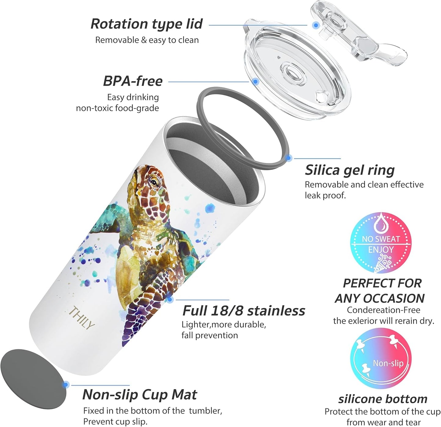 THILY Stainless Steel Vacuum Insulated Tumbler Travel Mug 26 oz Coffee Cup with 2 Lids and Straws, Splash Proof, Keep Ice Drinks Cold, Sea Turtle