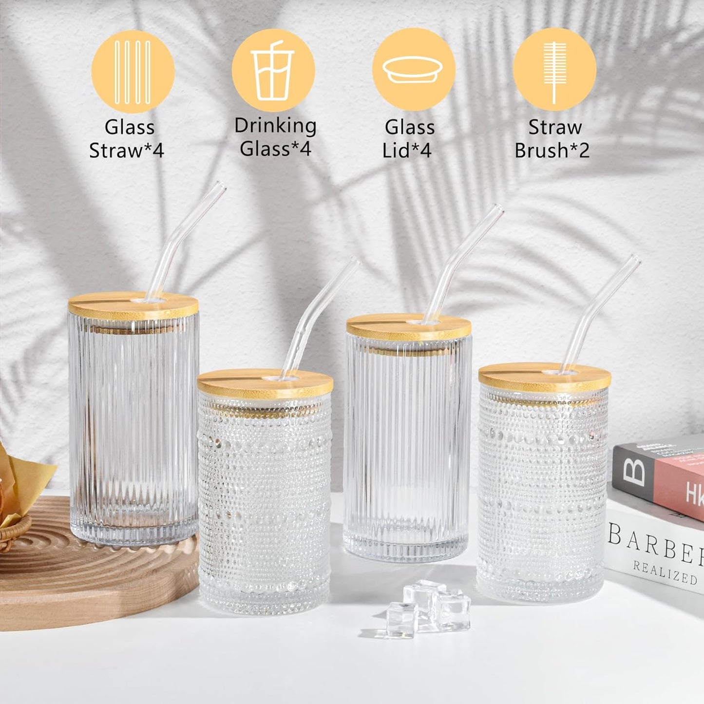 14 oz Drinking Glasses Set of 4 with Bamboo Lids Straws Striped Ribbed Glassware Set Vintage Glass Cups Embossed Iced Coffee Cup for Beer Cocktail Beverage(Ribbed)