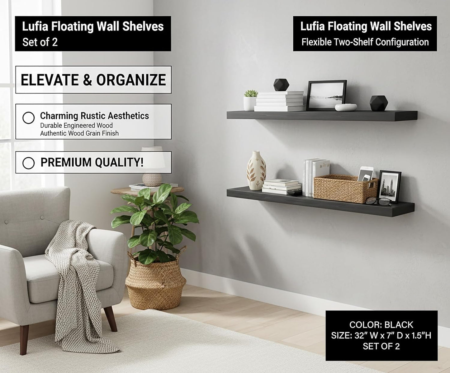 Lufia Floating Wall Shelves, Set of 2, MDF with Invisible Brackets, Modern Storage for Bedroom, Bathroom, Living Room, Kitchen (Black, 32" W x 7" D x 1.5" H)