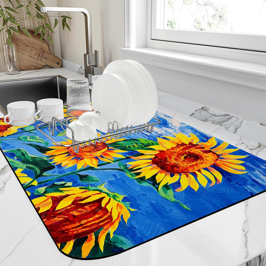 Kitchen Mat Oil Painting Sunflowers Dish Drying Mat 12"x19" Bsorbent Coffee Maker Mat for Sink Dishes or Under Rack Kitchen Counter Accessories Absorbent Hide Stain Rubber Backed Dish Drying Pad