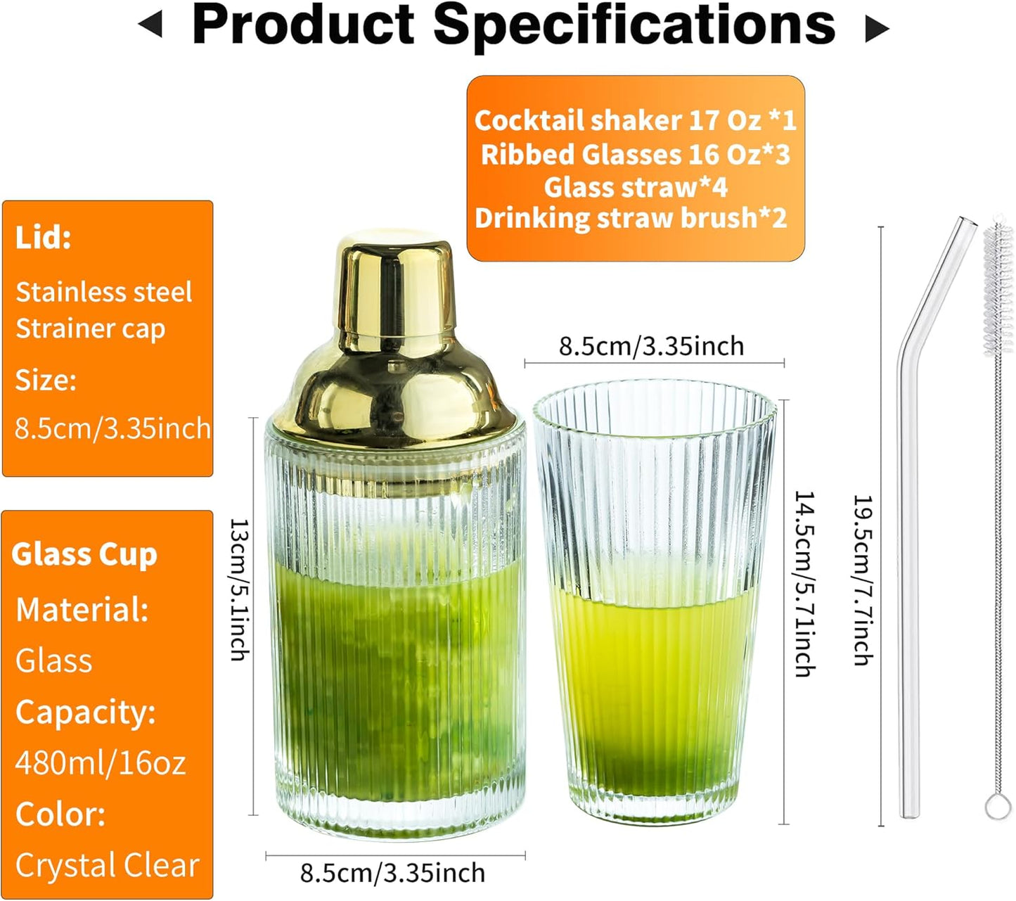 Glass Cocktail Shaker Set with Ribbed Glassware, Lids, and Straws - Elegant Bartender Kit for Whiskey, Cocktails - Dishwasher Safe, Perfect Home Bar Accessory (Glass Shaker + 3 Ribbed Glasses)