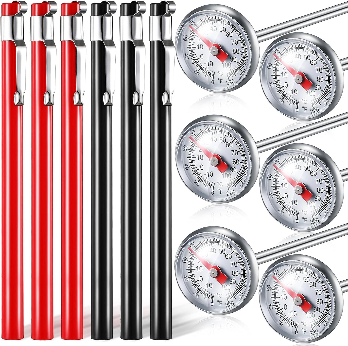 Xuhal 6 Pcs Stainless Steel Kitchen Thermometer with 5 Inch Long Stem 1 Inch Dial Thermometer Milk Frothing Food for Oven Probe Meat Grill BBQ Cooking Chocolate Water(Black, Red)