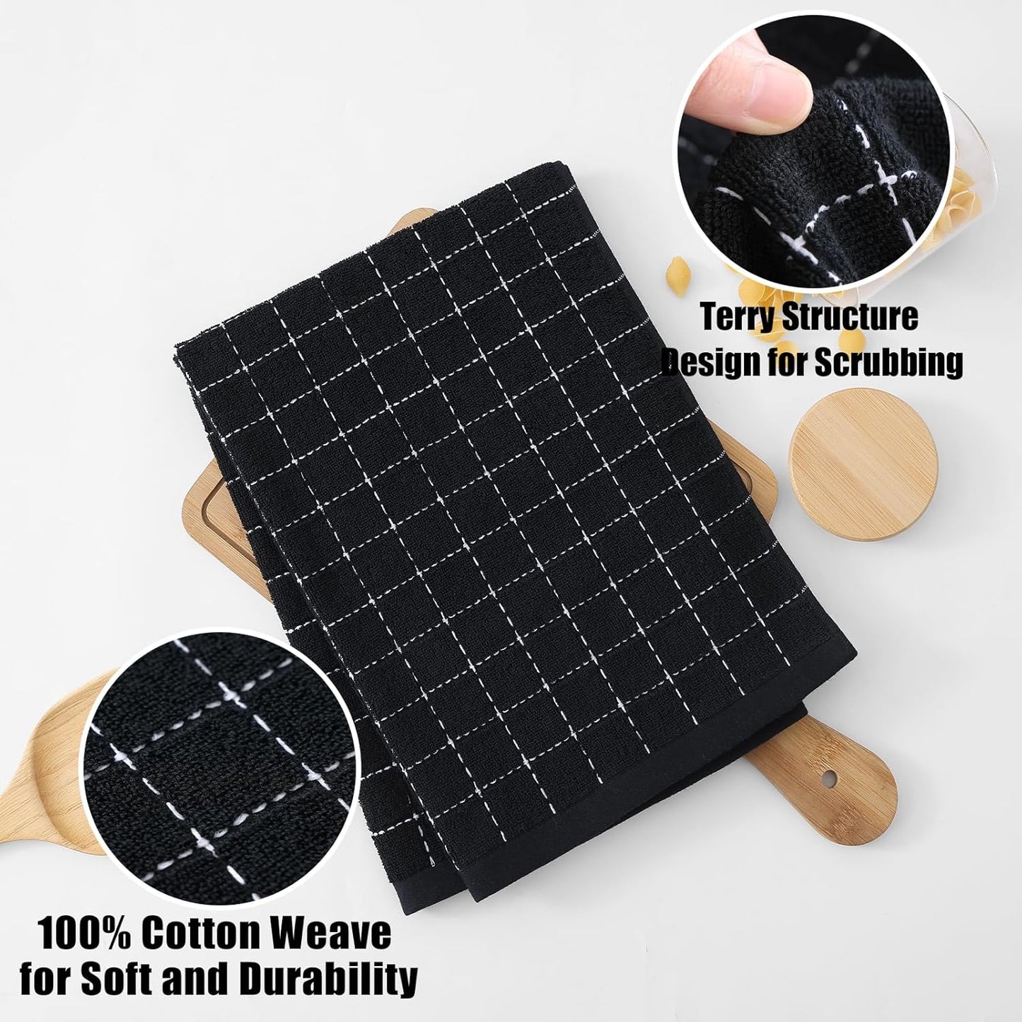 Homaxy 100% Cotton Terry Kitchen Towels(Black, 20 x 28 inches), Checkered Designed, Soft and Super Absorbent Dish Towels, Large 4 Pack