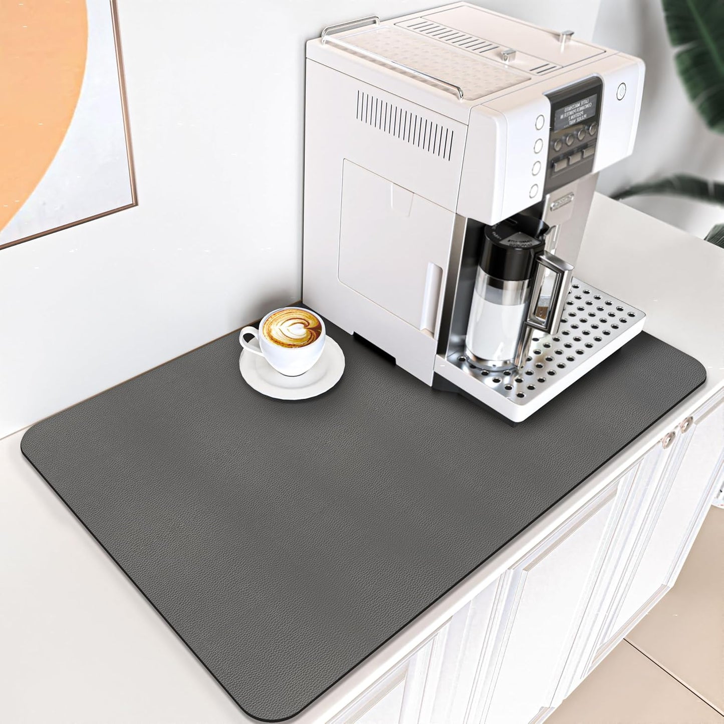 PoYang 24"x16" Coffee Mat Large, Coffee Bar Accessories for Countertop, Absorbent Dish Drying Mat, Anti-Slip and Hide Stain Pad for Espresso Machine, Espresso Maker and Kitchen Counter, Gray