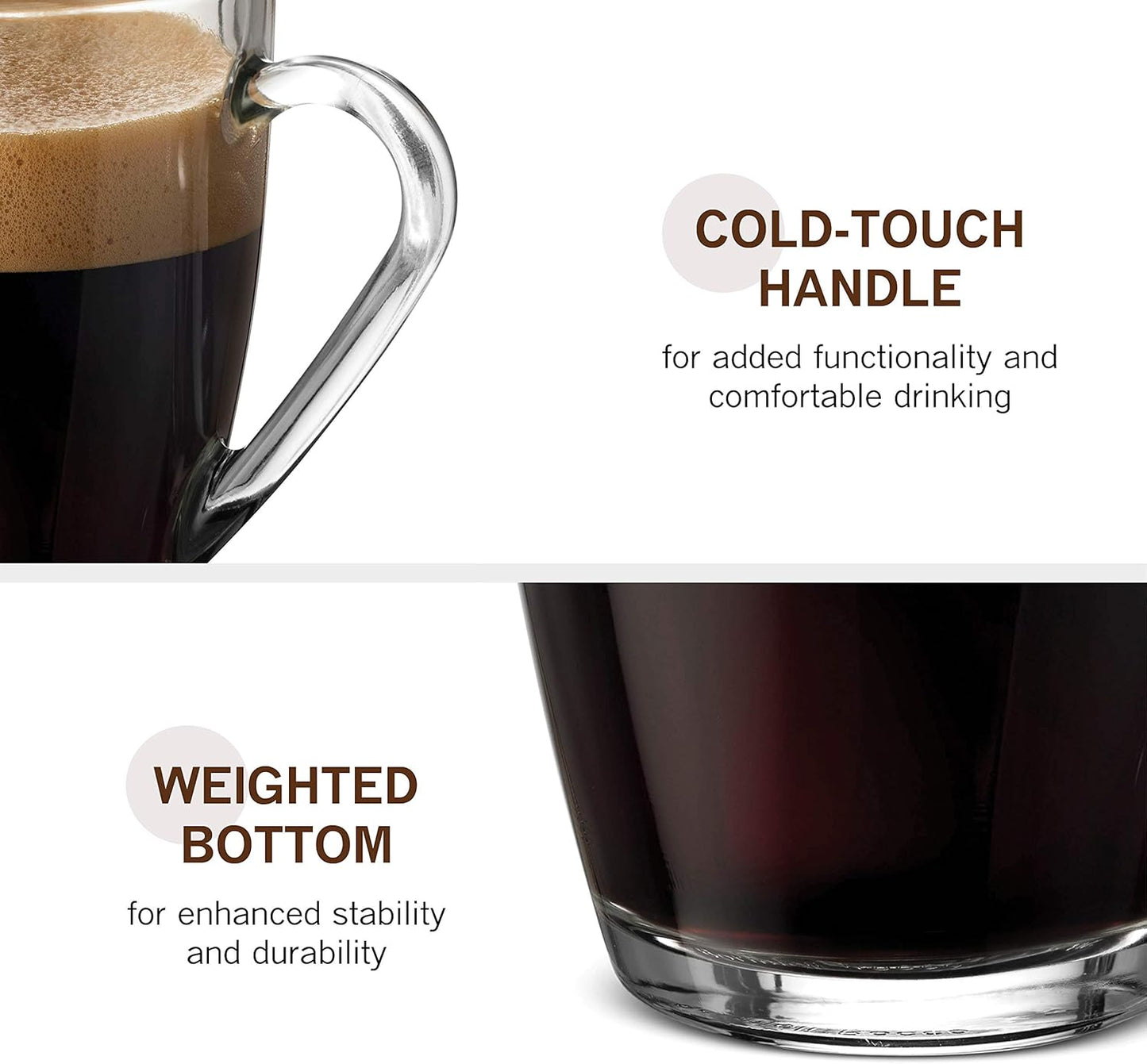 Bormioli Rocco Glass Coffee Mug Set, (6 Pack) 10¾ Ounce with Convenient Handle, Tea Glasses for Hot/Cold Beverages, Thermal Shock Resistant, Tempered Glass, for Cappuccino, Latte, Espresso, clear.