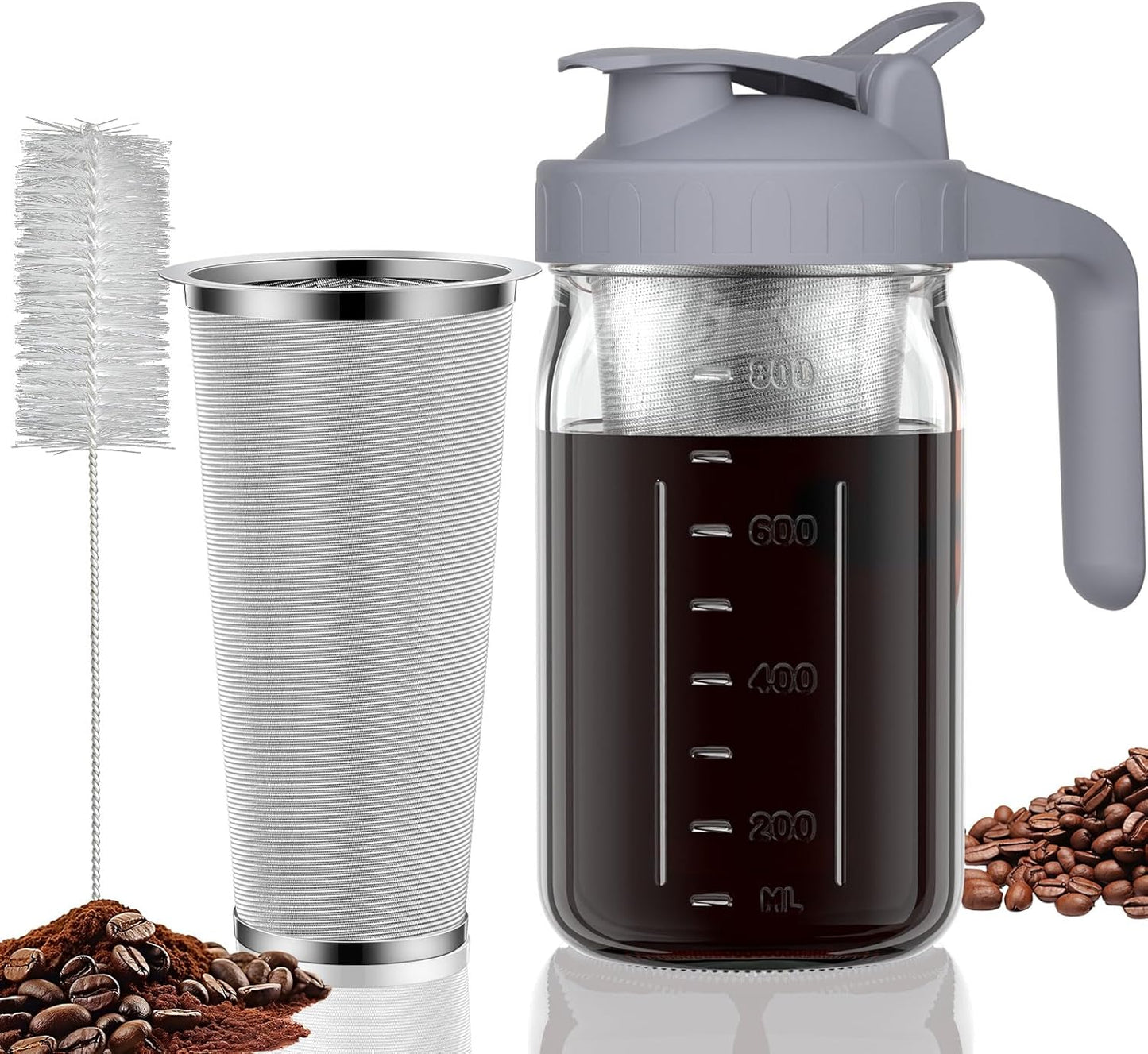 Cold Brew Coffee Maker Pitcher, 32 oz Thick Glass Mason Jar Spout Lid with Handle & Stainless Steel Filter for Iced Brew Coffee, Ice Lemonade, Sun Tea, Fruit Drinks Container